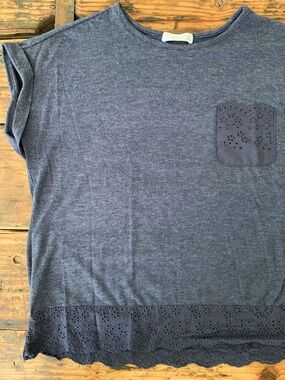 Relaxed Indigo Blue Short Sleeve Eyelet-Hem Shirt, Size L